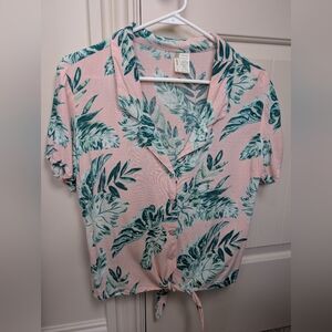 Japna Pink and Green Leaf Print Button Down Shirt